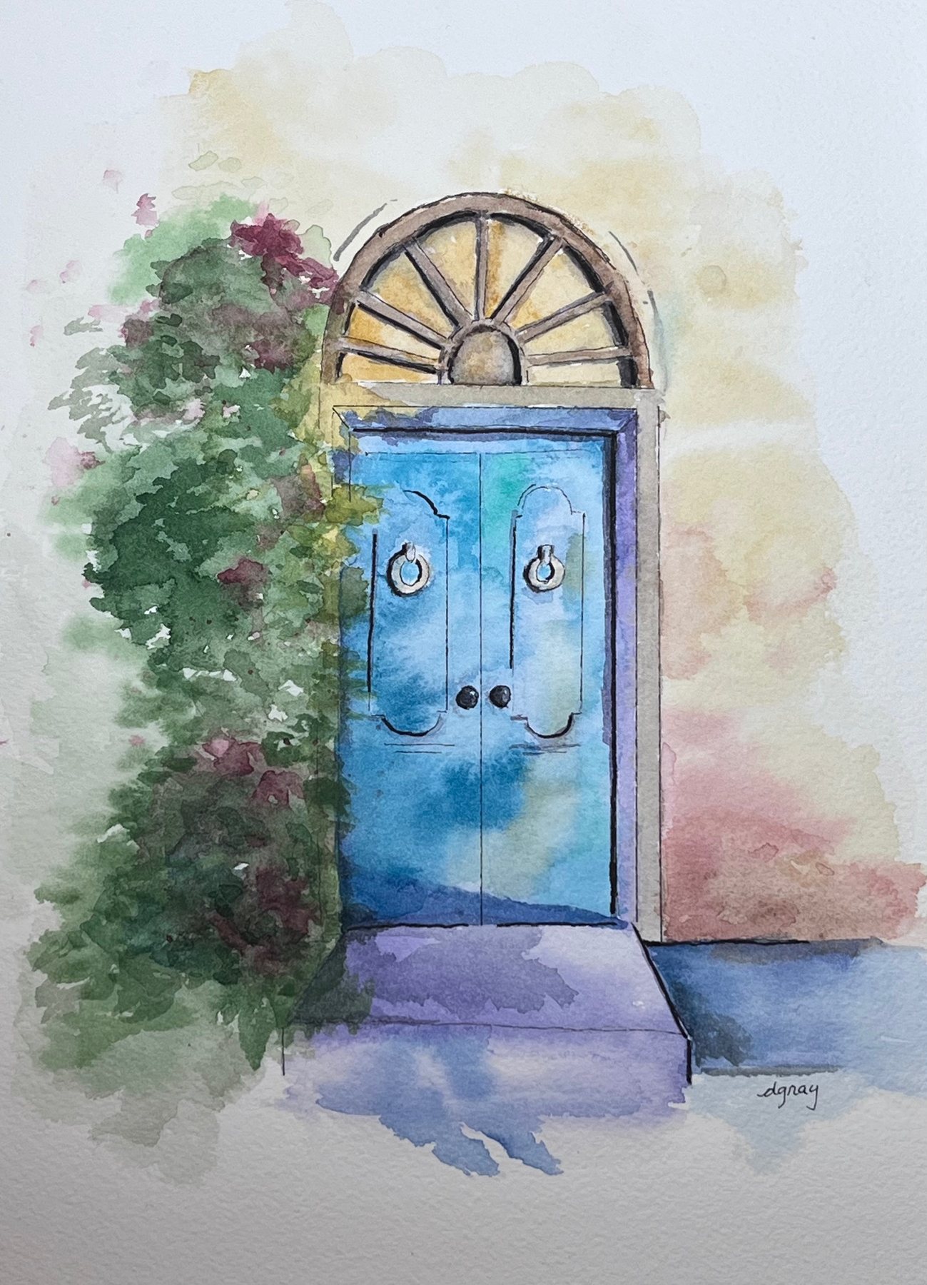 Watercolor painting of a blue door